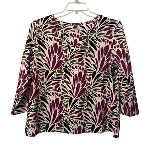 Chicos Womens XL Floral Print Top White Purple Black Cotton/Spandex Blend 3/4 Sl